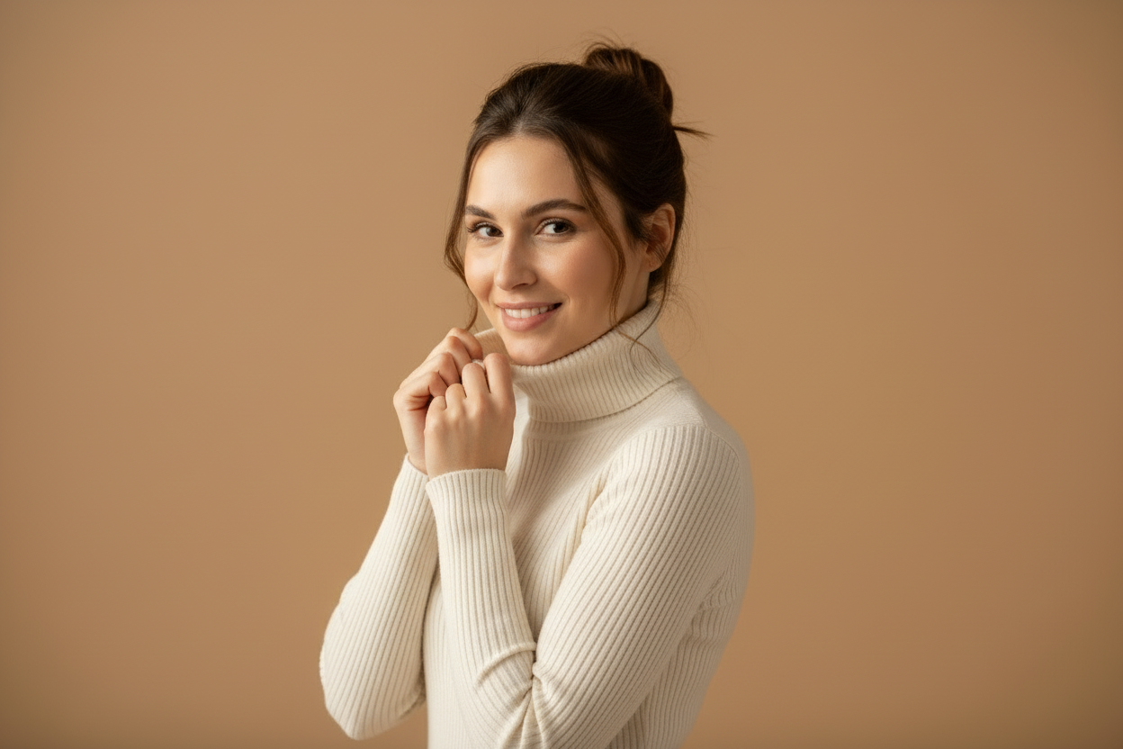 header met vrouw die coltrui draagt met beige achtergrond
